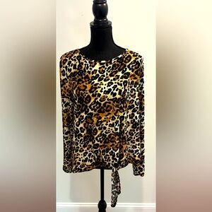 Amelia James Animal Print Crew Neck Tie Front Blouse - Size Medium